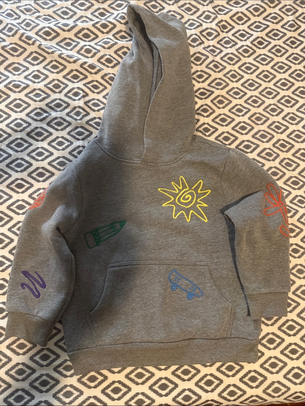 Gray Kids Hoodie with Colorful Embroidered Doodles